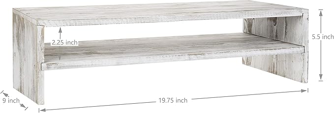 MyGift Shabby Whitewashed Wood Computer Monitor and Laptop Riser Stand for Desk, 2 Tier Office Desktop Storage Shelf