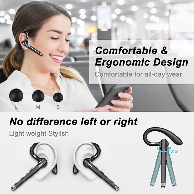 Bluetooth Headset, 100Hrs Talk Time Noise Canceling Wireless Earpiece with 500mAh Charging Case, Built-in Dual Microphone 270ยฐ Rotatable Hands Free Headphones for Trucker/Office/Business/Home/Driving