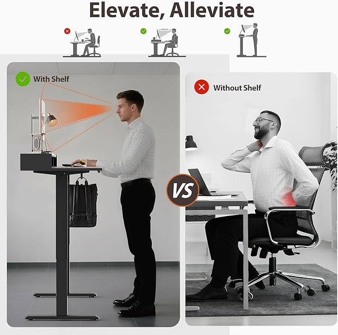 Agilestic Glass Standing Desk with Storage, 48 Inch Electric Adjustable Desk with Glass Shelf, Sit Stand Up Home Office Computer Table, Splice Board, Rustic Brown