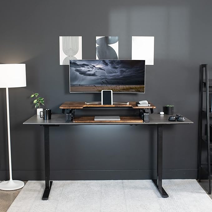 VIVO 42 inch Height Adjustable Stand Up Desk Converter, V Series, Quick Sit to Stand Tabletop Dual Monitor Riser Workstation, Rustic Vintage Brown Top, Black Frame, DESK-V000VLN