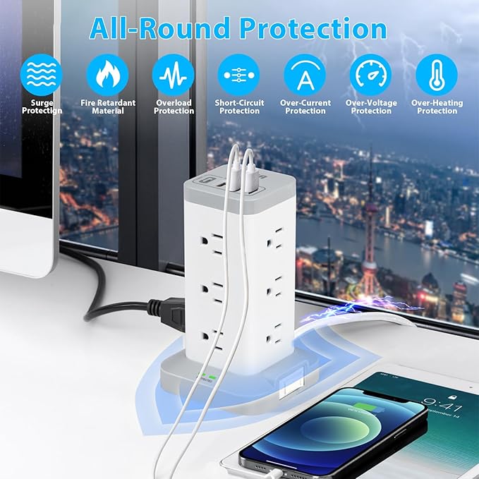 BEVA Power Strip Tower with USB Ports, 6.5 FT Surge Protector Power Tower, 12 AC and 4 USB Ports, 6.5 FT Extension Cord with Multiple Outlets, Office Supplies Office Organization