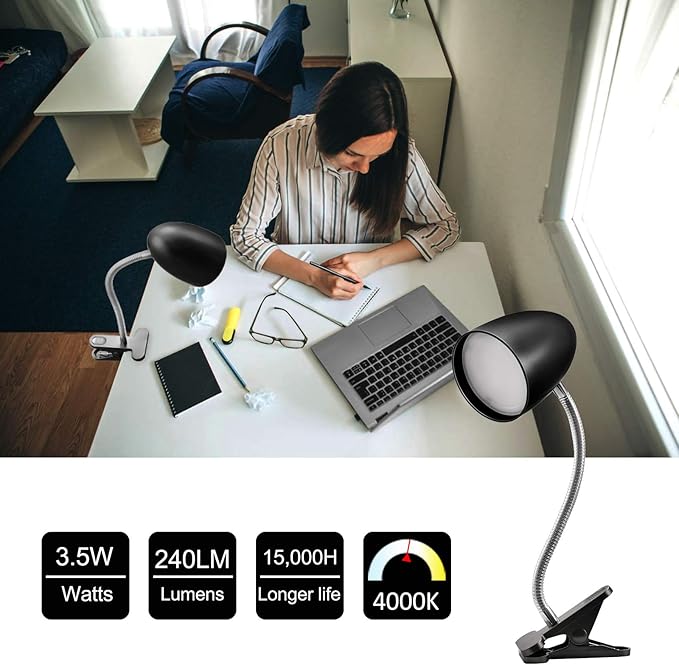 ENERGETIC SMARTER LIGHTING Clip on Light for Bed, Non-Dimmable Clip on Reading Light for Bed, 4000K Cool White, 3.5W 240 LM Desk lamp with clamp, Eye Protection, ETL Listed, Black