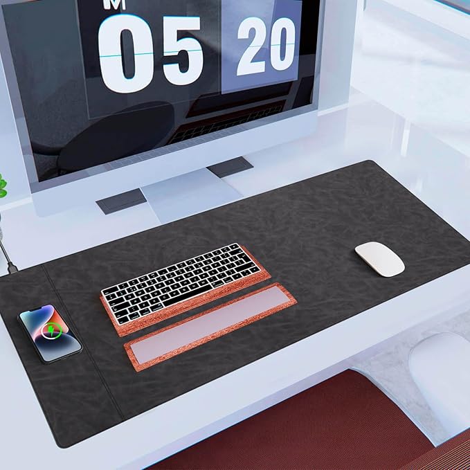 Magnetic 15W Fast Wireless Charging Desk Pad, 35.4"x16.8" Extra Large Mouse Pad, Microfiber Leather Office Desk Mat, Waterproof and Scratch-Resistant Mouse Mat for Office and Home Use, Grey Color