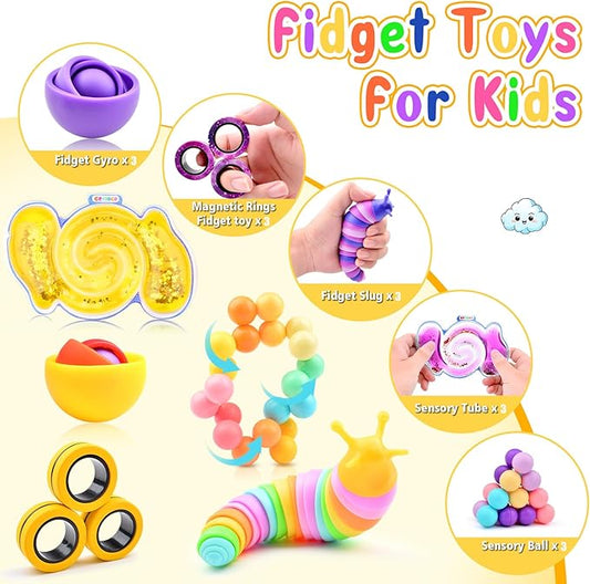 Cevioce 15Pcs Fidget Toys Adults Pack,Stocking Stuffers for Teens Boys Girls,Autism Sensory Toys with Fidget Spinner Slug Magnetic Rings,Squishy Fidget Toys ADHD Stress Relief,Party Favor for Kid-BPY