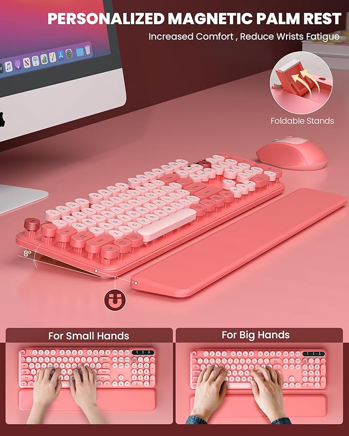 Wireless Keyboard and Mouse - Cute Round Keycaps, Detachable Wrist Rest, Full-Size Retro Typewriter Keyboard with Tilt Legs, 2.4G Wireless Combo for Women, PC, Laptop, Windows - Trueque (Blush Pink)