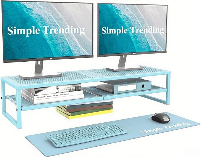 Simple Trending 2 Tier Metal Dual Monitor Stand Riser, Computer Office Desktop Organizer for 2 Monitors with 32"x10" Mouse Pad for Laptop, Printer, TV, Blue