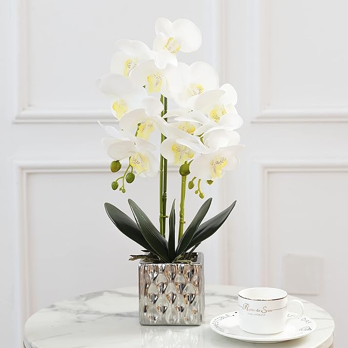 LISU Artificial Orchids, Silver Vases, Home Decoration Flower Arrangements, Fake Flowers in Vases. (C:White)