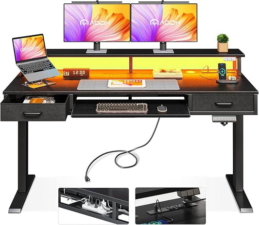 AODK Electric Standing Desk with Drawers & Keyboard Tray, 55 Inch Height Adjustable Desk with Power Outlets & LED Lights, Sit Stand Table with Monitor Stand for Home, Office, Black