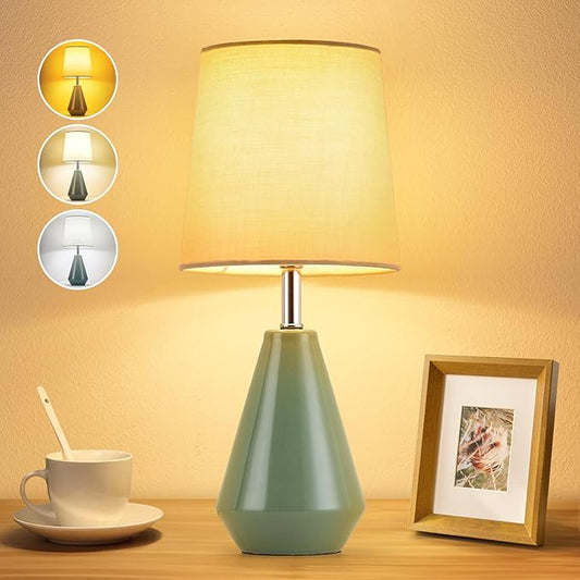 Small Bedside Table Lamp for Bedroom - Reading Desk Lamp with 3 Color Temperatures,15.5" Nightstand Ceramic Lamp with Fabric Shade for Kids Room,Living Room,Dorm,Home Office (Green)