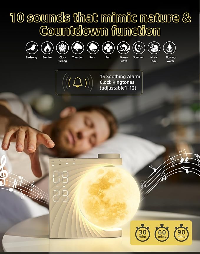 Sunrise Alarm Clock for Bedrooms - Auto-Rotating Moon Lamp with Wake-Up Light & Night Light, 10 Nature Sounds, Dual Alarms for Heavy Sleepers, 30/60/90 Timer & Snooze