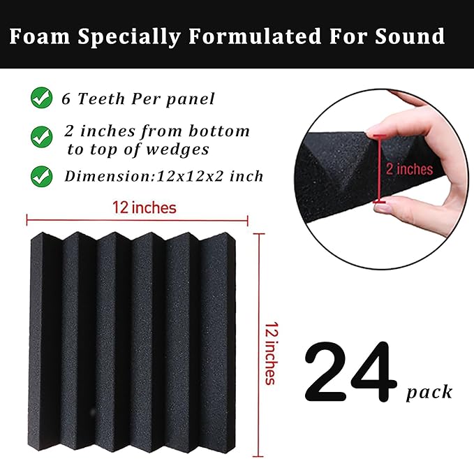 24 Pack Acoustic Panels,2" x 12" x 12"Sound Proof Foam Panels for Wall,Fireproof Absorbing Noise Cancelling Panels,to Absorb Noise and Eliminate Echoes. (24 black)