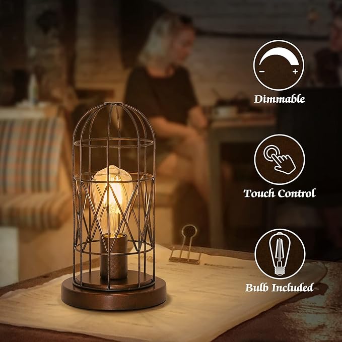 Small Touch Lamp, Industiral Bedside Table Lamps with Antique Bronze Cage, 3 Way Dimmable Nightstand Steampunk Edison Lamp for Bedroom Living Room Kitchen, LED Bulb Included