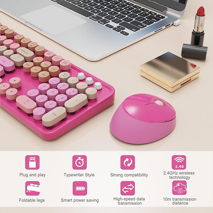 Wireless Keyboard and Mouse Combo, Ergonomic Full Size Typewriter Retro Round Keycaps Keyboard, Compatible with Windows, PC, Perfer for Home and Office Keyboards (Red)