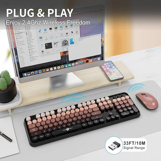 Wireless Keyboard Mouse Combo,104 Round Keys Cute Colorful Keyboard with Retro Typewriter Style,Letton Full Size Keyboard with Number Pad&Mouse with 3 DPI for PC Mac Laptop Computer Windows-Black
