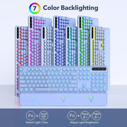 Wireless Keyboard and Mouse Combo, Backlit Round Keycaps, Retro Typewriter Keyboard with Detachable Wrist Rest, Rechargeable & Tilt Legs, 2.4GHz Cordless Connection for Mac/Windows/PC (Glowing Purple)