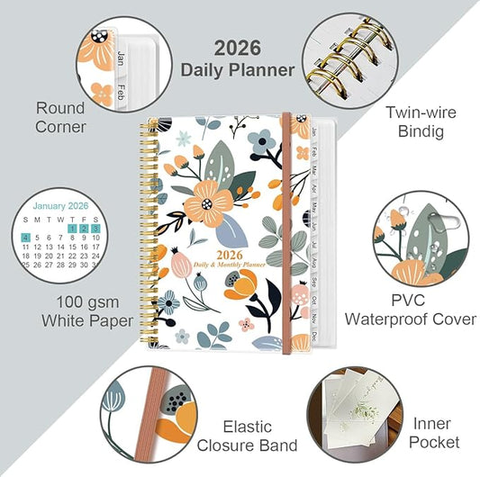 2026 Daily & Monthly Planner - One Page Per Day, Daily Planner from January 2026 - December 2026, Planner 2026 with 12 Monthly Tabs, 8.5" x 11", Rose Flower