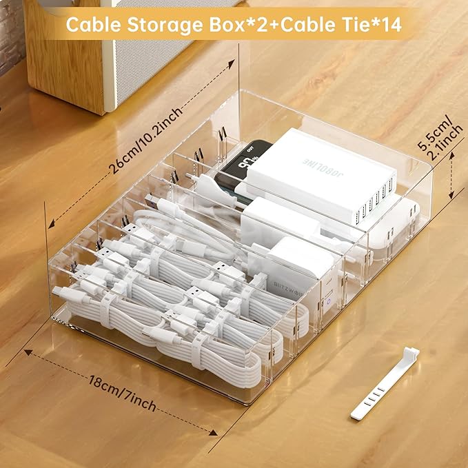 2Pcs Cable Charger Organizer Box, Large Cords Storage Organizer with Adjustable Compartments and Wire Ties, Stackable Cord Organizer for Drawer - Clear