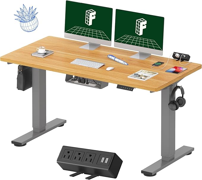 FLEXISPOT EN2 Whole-Piece Standing Desk with Clamp Power Strip, 55 x 28 Electric Stand Up Height Adjustable Desk with Cable Management (Gray Frame + 55" Maple Top, 2 Packages)