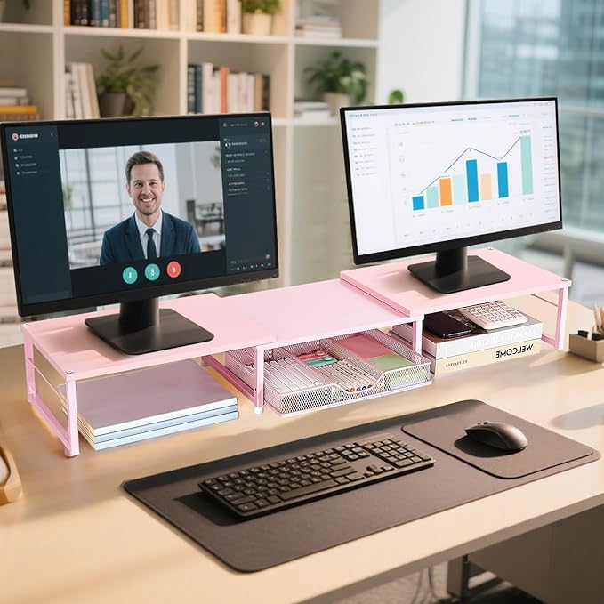 Dual Monitor Stand Riser, Desk Organizer with Drawer, Office Desk Organizers and Accessories, Office Workspace Organization Computer Monitor Stand for Laptop, Printer, TV(Pink)