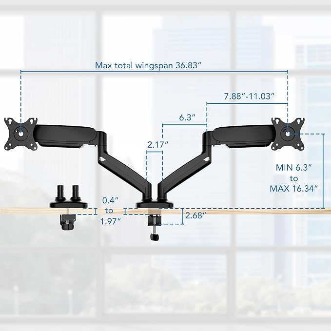 Mount-It! Dual Monitor Desk Mount – Full Motion Gas Spring Arms, Fits 13 to 32 Inch Screens, Holds 17.6 lbs per Arm, Dual Monitor Stand, VESA Mount, C-Clamp & Grommet Base