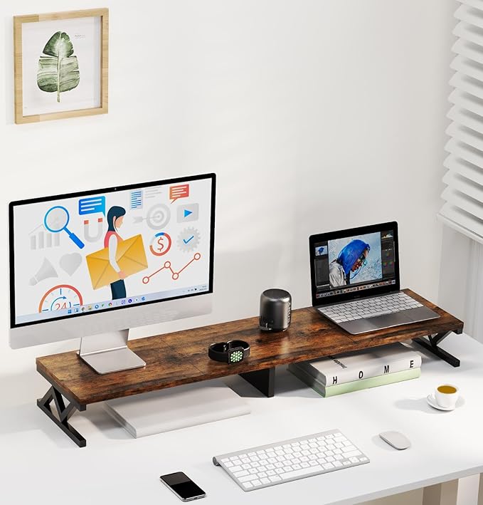 Dual Monitor Stand Riser, Large Wood Monitor Riser for 2 Monitors, Monitor Lift with Storage for Desk, Sturdy Wood&Steel Multi Screen Stand, Desktop Organizer Monitor Stand for Computer