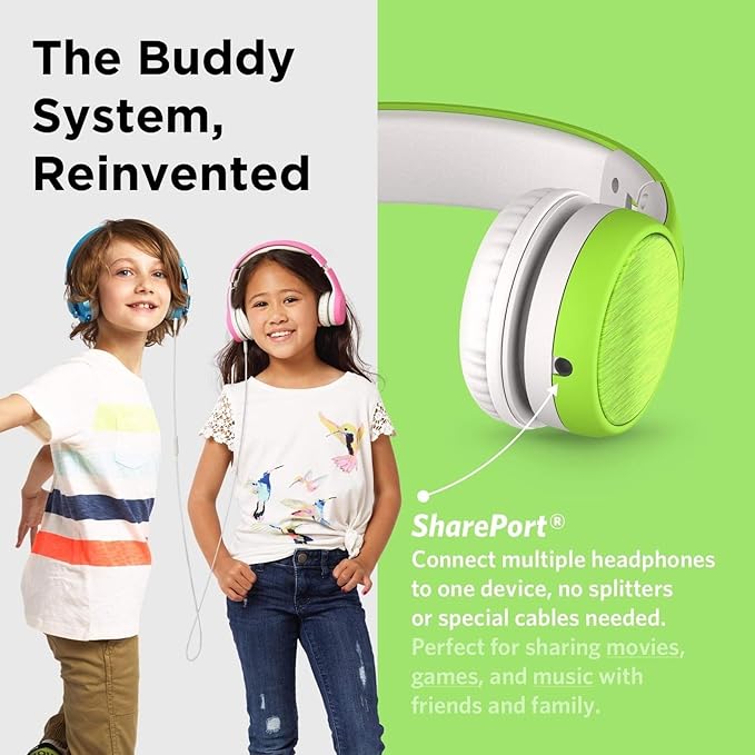 LilGadgets Connect+ Style On-Ear Kids Headphones w/Microphone - SharePort Technology, SoftTouch Padding, Detachable Cable, Noise Reduction, Durable & Adjustable, Green Kids Headphone with Microphone