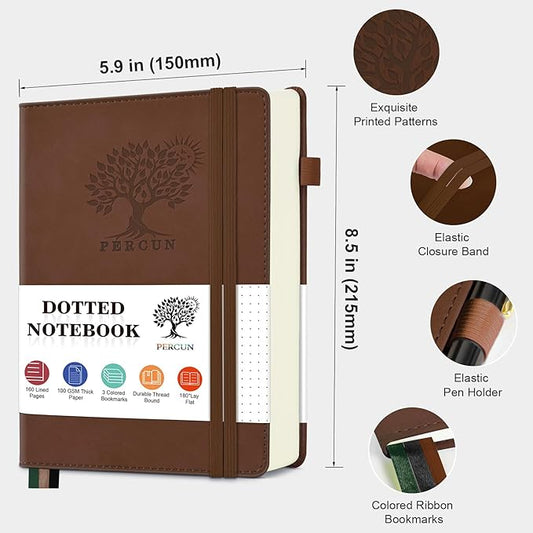 PERCUN Dotted Journal Notebook for Men & Women, 160 Pages Dot Grid notebook for Note Taking, Bullet Journaling Notebook for Work, School, Travel, Writing, A5 Hardcover 5.9" x 8.5"(Brown)