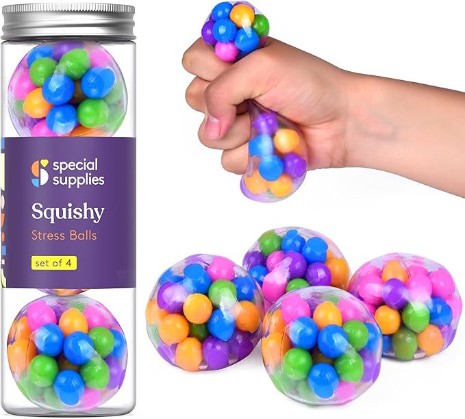 Squishy Stress Ball Squeeze, Color Sensory Toy, Relieve Tension, Anxiety, Home, Travel and Office Use, Fun for Kids and Adults (4-Pack)