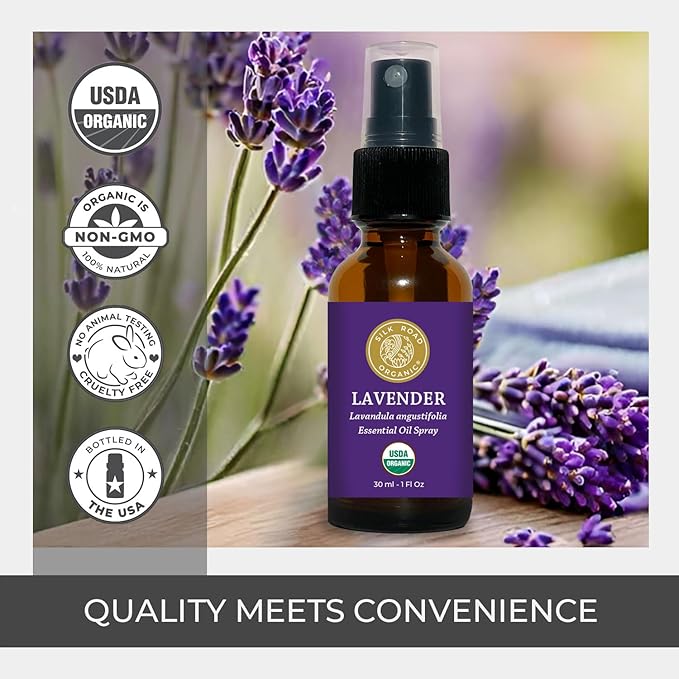 Silk Road Organic Lavender Essential Oil Spray, Lavandula Angustifolia, 100% Pure USDA Certified Aromatherapy for Calming, Relaxation & Skin – 1 oz Spray - Always Pure, Always Organic