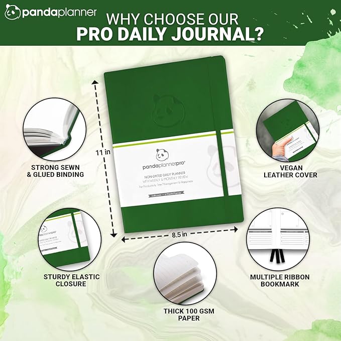 Panda Planner Pro 2025-2026 – Undated Productivity Planner with Daily, Weekly & Monthly Layouts – Large 8.5x11 Goal Tracker, Habit Planner, Time Management & Focus Organizer – Dark Green
