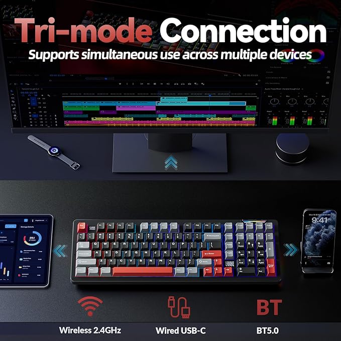 LINGBAO K98 Wireless Mechanical Gaming Keyboard, Tri-Mode BT5.0/2.4GHz/USB-C, Gasket Custom Hot-Swappable Linear Switches Creamy Keyboard with Number Pad, RGB Backlit Gaming Keyboard for PC Laptop