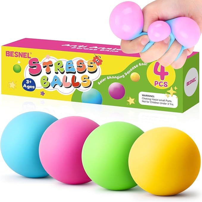 Stress Balls 4 Pack for Adults and Kids, Color Changing Squeeze Toys, Sensory Toys for Kids with Autism, Squishy Fidget Toys for Stress and Anxiety Relief, Prize for Classroom