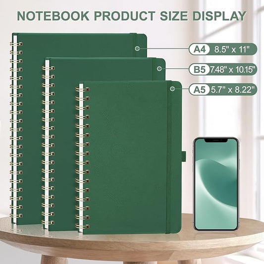 AHGXG Bullet Dotted Journal Spiral Notebook 8.5" x 11", Large A4 Leather Hardcover Dotted Notebook, 100 GSM Thick Dot Grid Paper, Inner Pocket, for Bullet Journaling, Green