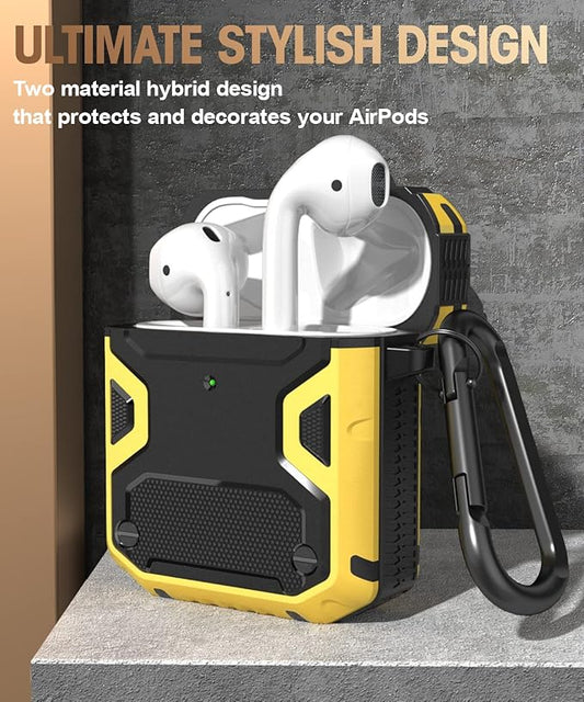 Koaichi Compatible with AirPods Case, Full-Body Rugged Hard Shell Protective Case Cover with Keychain Designed for AirPods 1st & 2nd, Black/Yellow
