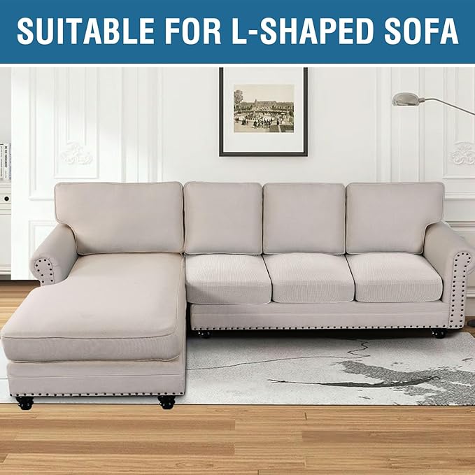 H.VERSAILTEX Super Stretch Individual Seat Cushion Cover Sofa Covers Couch Cushion Covers Slipcover Sets Thick Jacquard Textured Twill Fabric (3 Piece Sofa Cushion Covers, Ivory)