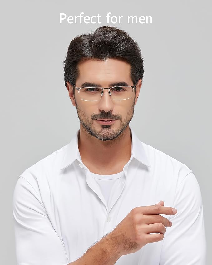 ANRRI Blue Light Glasses Mens Rectangle Semi Rimless Glasses Computer Gaming glasses for men Lightweight Titanium Eyewear