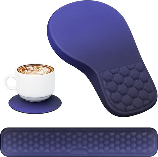 3 in 1 Ergonomic Mousepad with Wrist Rest, Gaming Keyboard Mouse Pad with Wrist Support Non-Slip Base Massage Design, Pain Relief (Blue/Black)