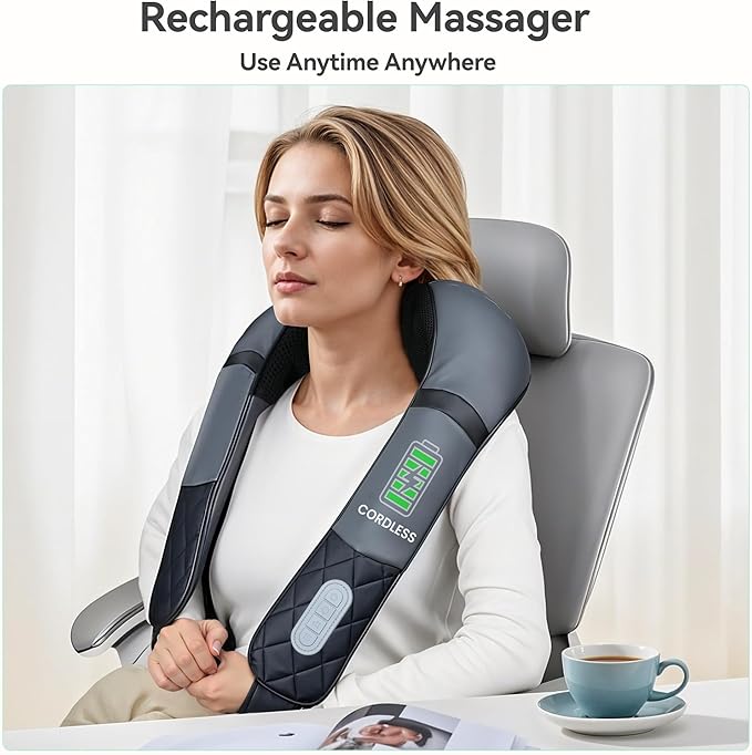 Snailax Rechargeable Neck Massager with Heat, Shiatsu Back and Neck Massager, Cordless Portable Deep Kneading Shoulder Massage Pillow, Gifts for Dad Mom