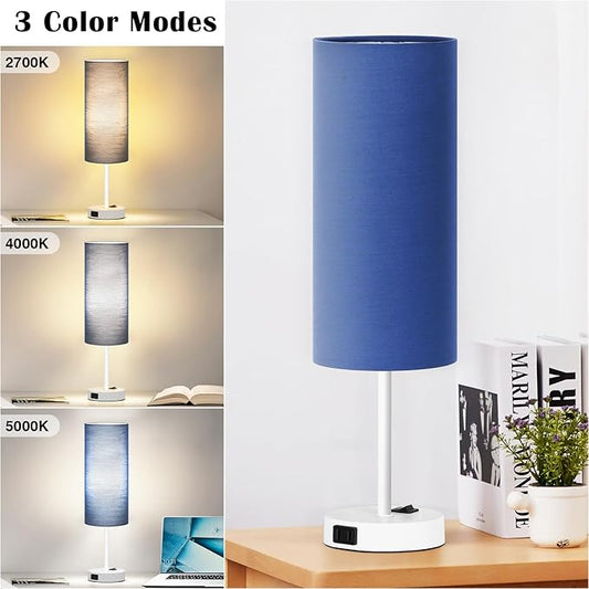 ZJOJO Table Lamp for Bedroom 2 Pack,18in Bedside Lamps with 3 Way Dimmable Rocker Switch & AC Outlet,Nightstand Desk Lamp with Blue Fabric Shade White Base for Living Room Home Decor Lights