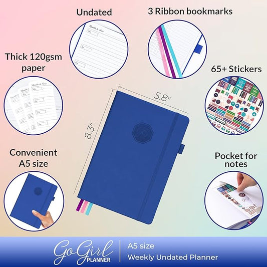 GoGirl Planner and Organizer for Women – A5 Size Weekly Planner, Goals Journal & Agenda to Improve Time Management, Productivity & Live Happier. Undated – Start Anytime, Lasts 1 Year – Royal Blue