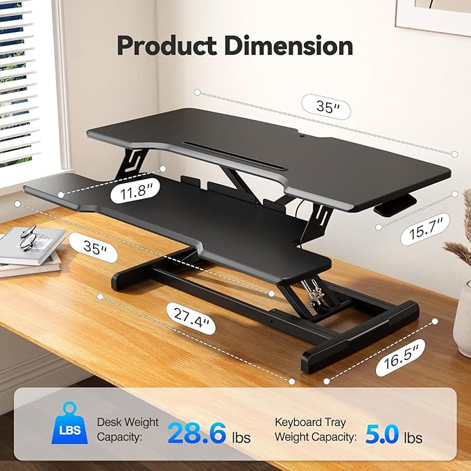 35" Standing Desk Converter, Height Adjustable Desktop Riser with Keyboard Tray for Two Monitors, Sit to Stand up Computer Workstation for Home Office, Black