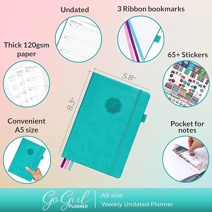 GoGirl Planner and Organizer for Women – A5 Size Weekly Planner, Goals Journal & Agenda to Improve Time Management, Productivity & Live Happier. Undated – Start Anytime, Lasts 1 Year – Turquoise