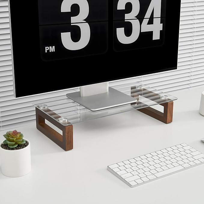 YEOUX Multi-Purpose Desktop Stand, Clear Floating Computer Monitor Riser with Natural Wood Base, Desk Organization Shelf for Printer, Laptop, Audio Device, Flat Screen