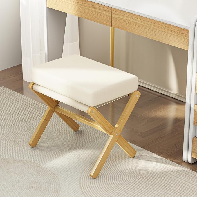 Foldable Foot Stool Ottoman, Modern Foot Rest with Bamboo X Legs & Thick Foam Cushion, Folding Foot Stools Small Padded for Bedroom Living Room, Makeup Vanity Stool Chair (Natural - Beige)