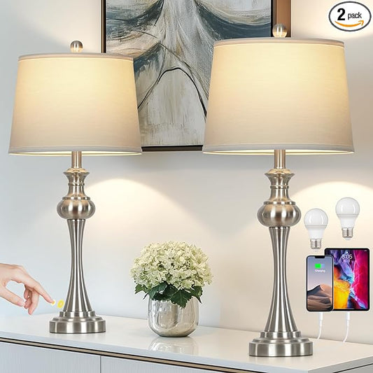 28.75"Silver Table Lamps Set of 2, 3 Way Touch Control Living Room Lamps with USB A+C Ports & Outlets , Modern Bedside Lamps, Elegant Metal Nightstand Lamps for Bedroom Office End Table Decoration