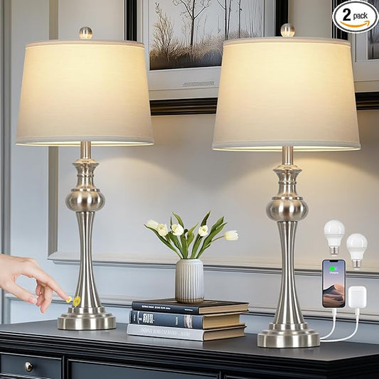 28.75" Silver Table Lamps for Living Room,Touch Lamps for Bedrooms Set of 2 - Nightstand Table Lamp with USB C+A, 3 Way Dimmable Bedside Lamps End Tables Brushed Nickel