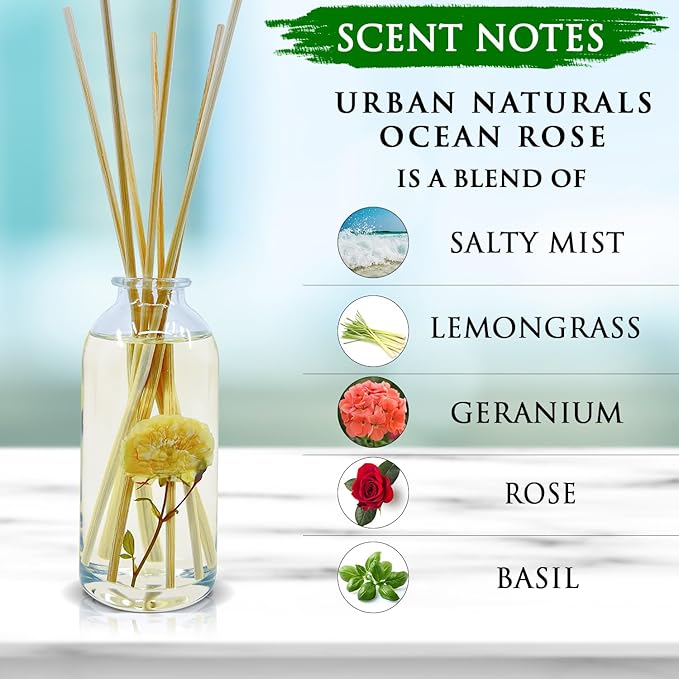 Urban Naturals Ocean Rose Reed Diffuser Set | Made with Essential Oils & Real Botanicals | Salty Mist, Lemongrass, Geranium, Rose, Basil, Honey & Sandalwood | Made in The USA