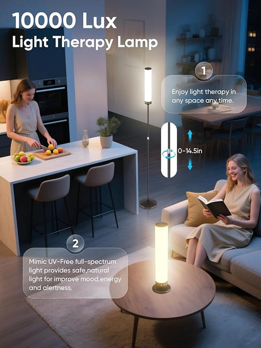 Light Therapy Lamp 10,000 Lux Happy Therapy Light with Remote, 2-in-1 Pedestal to Tabletop Lighting, Full Spectrum Daylight Lamp with Adjustable Color/Brightness/Timer, Memory Function, 24W