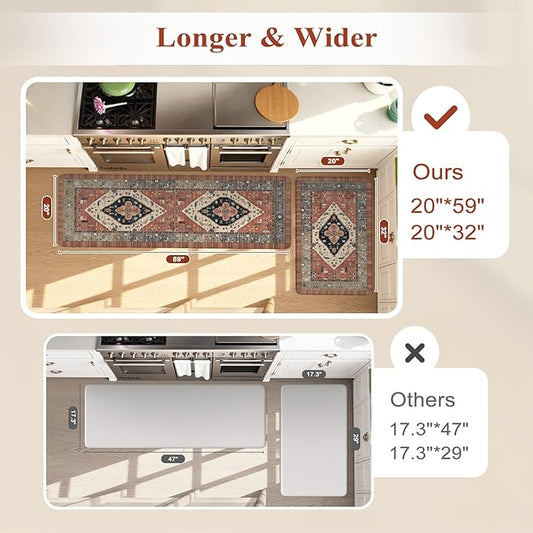 KIMODE Anti Fatigue Kitchen Mats for Floor, Red Boho Distressed Kitchen Rugs Sets of 2, Non Slip Waterproof Kitchen Floor Mats, Comfort Mats for Kitchen Floor Sink Laundry Desk 20"x59"+20"x32"