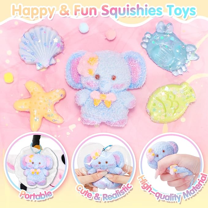 Squishies Toys Set 5PCS, Squeeze Toys Soft Elephant Starfish Seashell Crab Sensory Fidget Toys for Stress Anxiety Relief, Sticky Toys Party Favors Birthday for Boys and Girls